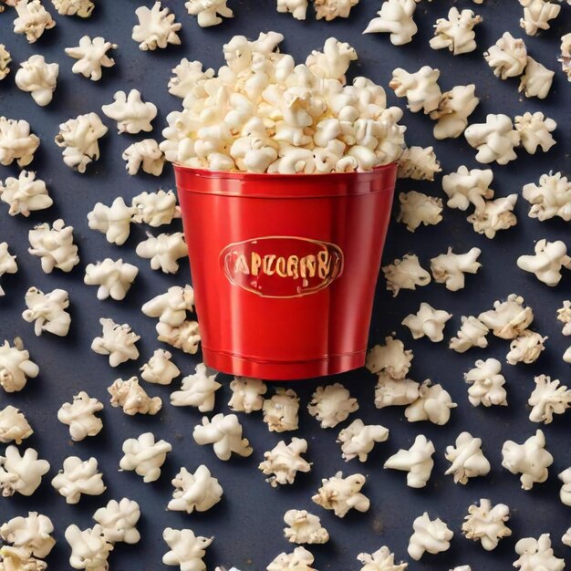 a red bucket of popcorn with the words popcorn on the front