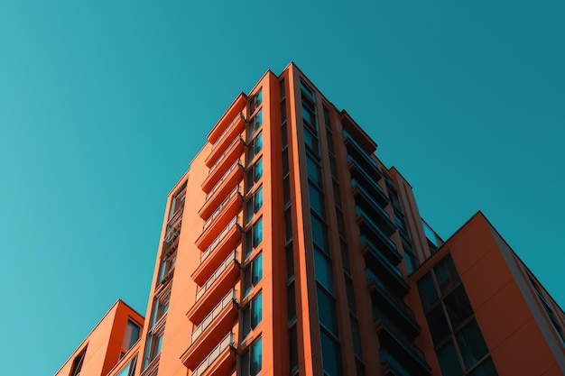 A red building against a blue sky