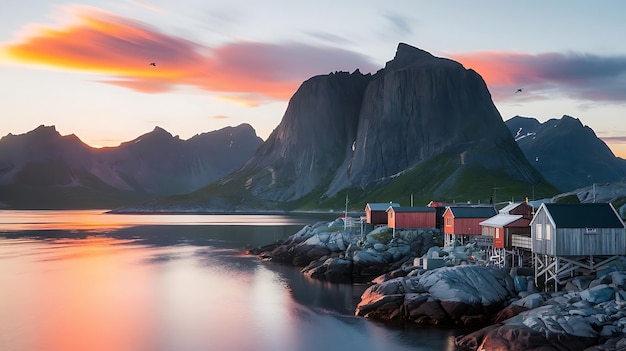 Photo a red building sits on the shore of a lake with a sunset in the background