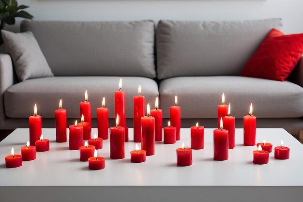 red burning candles on white table in living room