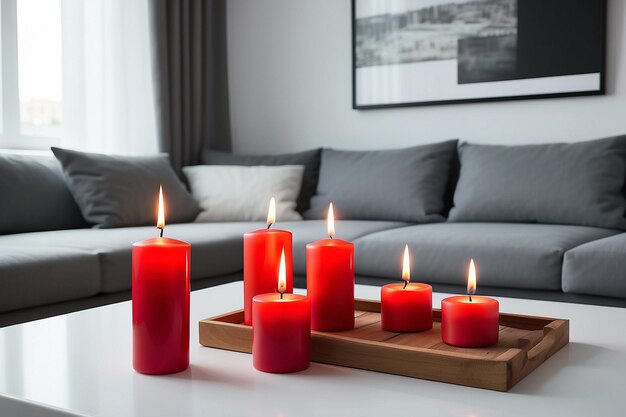 red burning candles on white table in living room