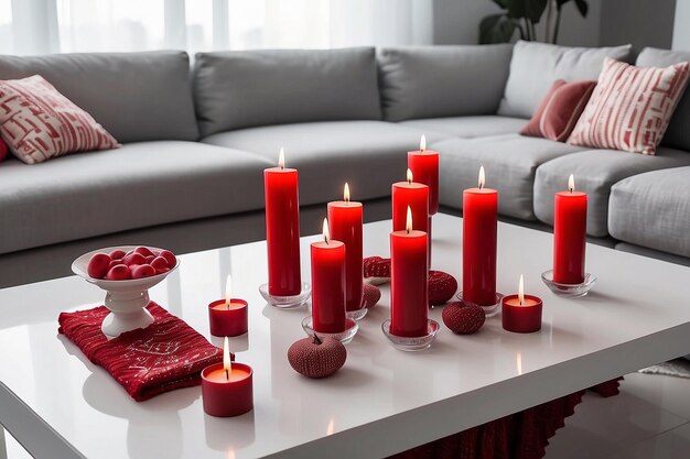 red burning candles on white table in living room