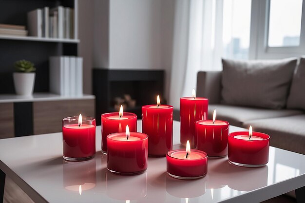 red burning candles on white table in living room