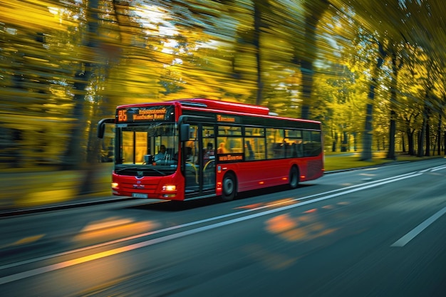 Red Bus Speeding Through Autumnal Forest