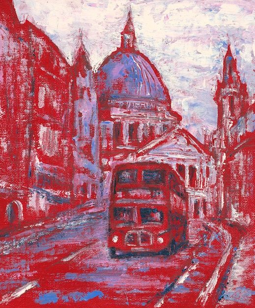 Red Bus on the street behind St Paul's Cathedral in London England art painting