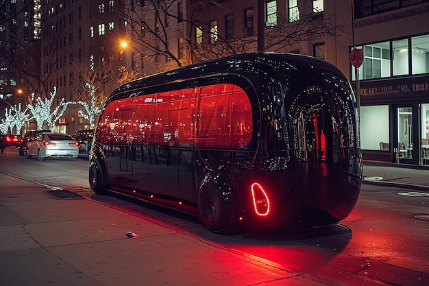 Photo a red bus with a red light on it is parked on the side of the street