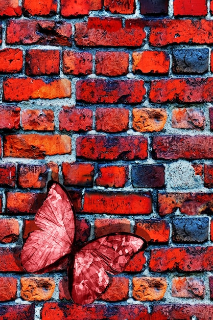 Red butterfly on a brick wall. A postcard with a moth. vertical frame. cover for the notebook. High quality photo