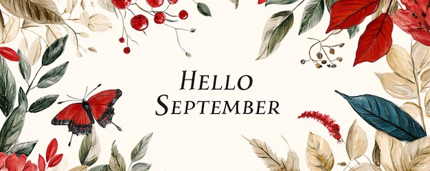 Photo red butterfly flying around hello september banner with watercolor floral border