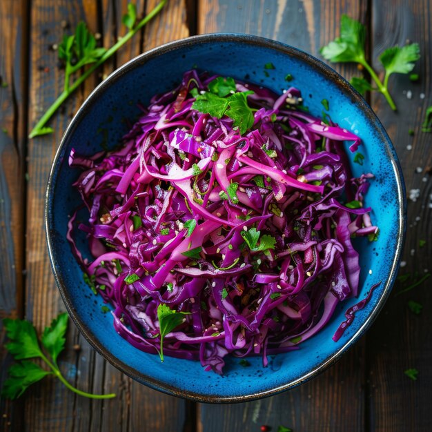 Photo red cabbage salad in blue bowl shredded purple cabbage on wooden table top view