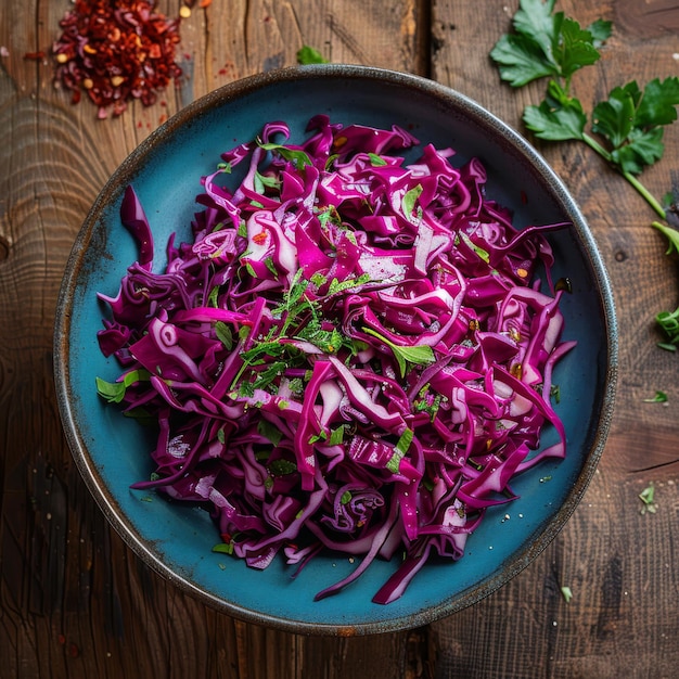 Photo red cabbage salad in blue bowl shredded purple cabbage on wooden table top view