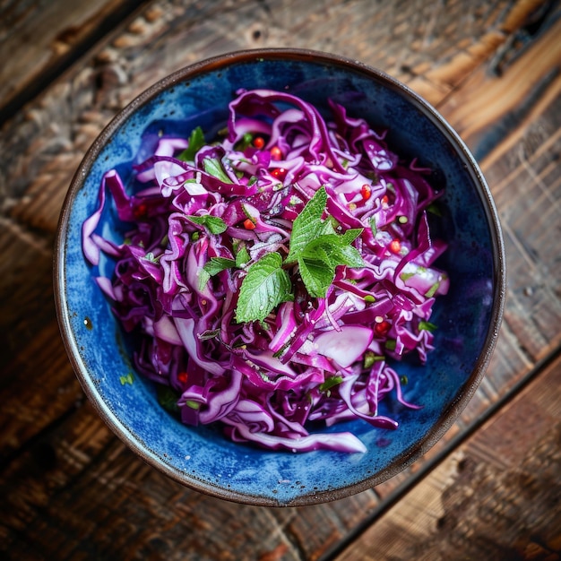 Photo red cabbage salad in blue bowl shredded purple cabbage on wooden table top view