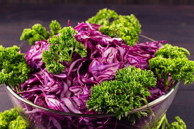 Red cabbage salad in a close up plate