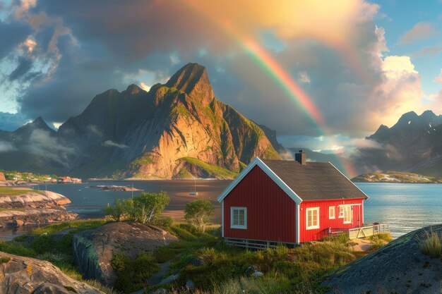 Photo red cabin with rainbow and mountain landscape