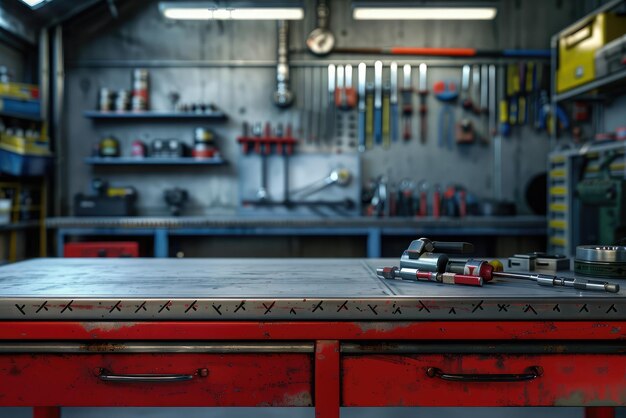 Photo a red cabinet with a lot of tools on it