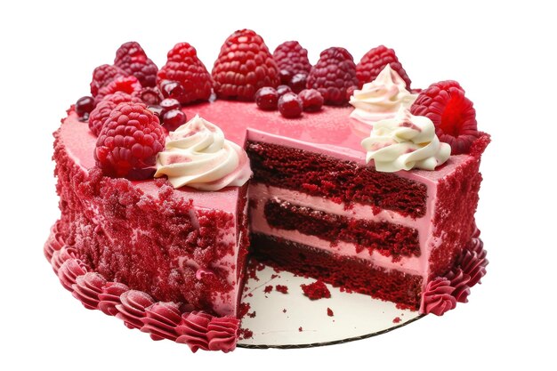 Photo a red cake with raspberries on top of it