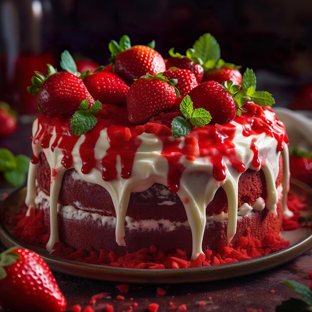 A red cake with white icing and strawberries on top