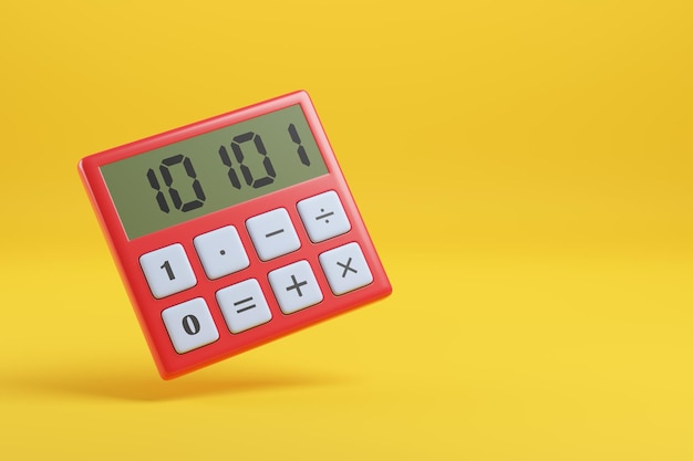 Red calculator with binary code on yellow background with copy space 3d illustration