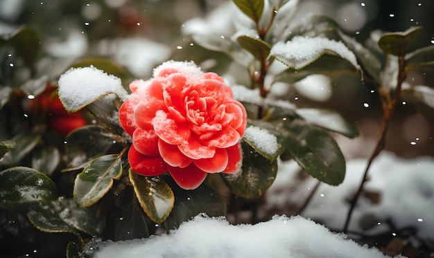 A red camellia on a cold snowy winter day