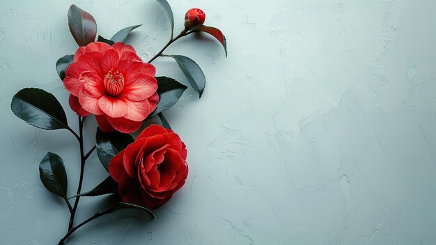 Red Camellias on a Light Blue Background