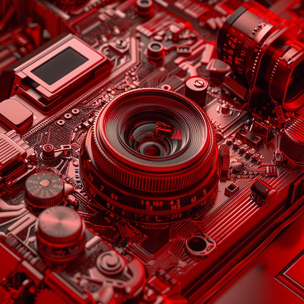 Photo a red camera with a red lens cap and a red background