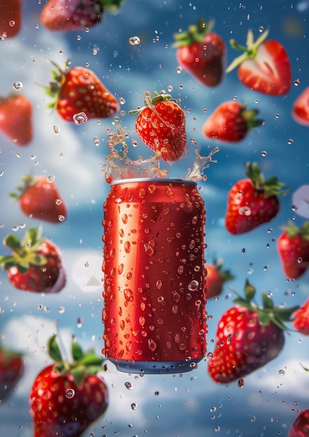 A red can of soda with strawberries flying around it in the style of vibrant colorism