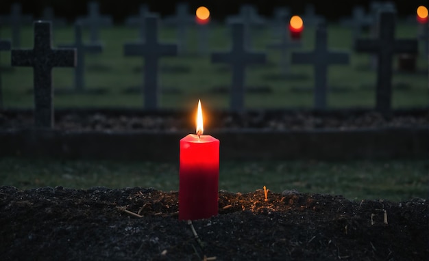 Red candle burning in graveyard