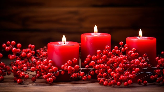 red candle and christmas decorations on black table