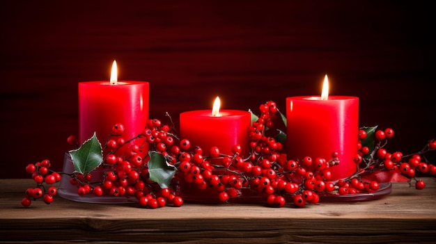 red candle and christmas decorations on black table