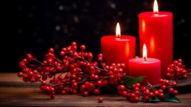 red candle and christmas decorations on black table