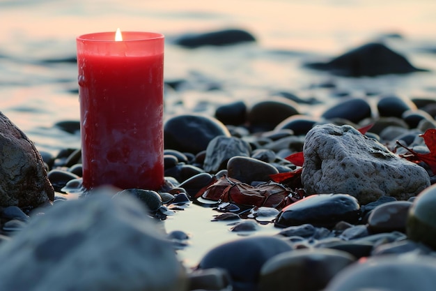 Red candle in water with pebbles on the seashore