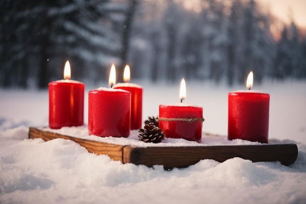 Red Candles on Snow with Vintage Wood on Advent Season