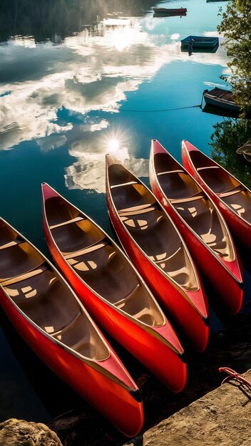 Photo red canoes on sea dock near calm body of water