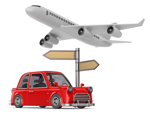 Red car and airplane on white space