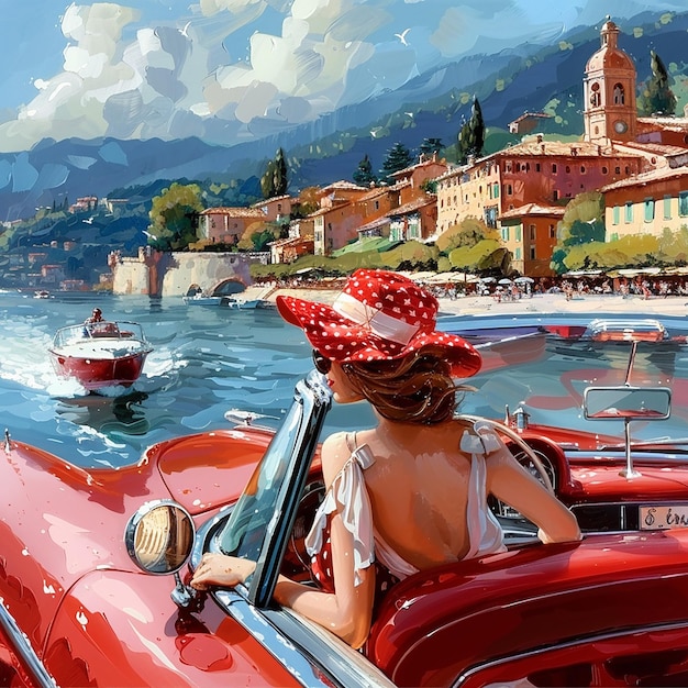 a red car and a beautiful lady driving on the road of italy