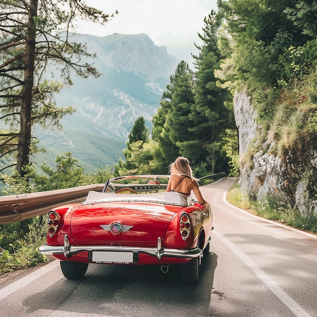 a red car and a beautiful lady driving on the road of italy