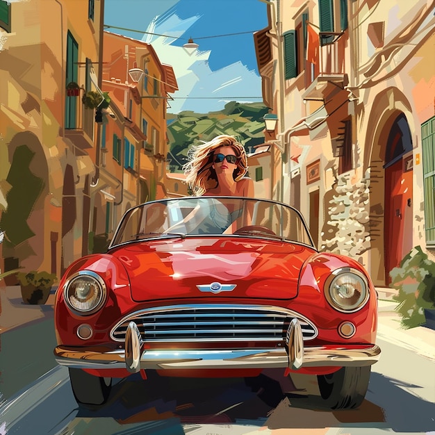 a red car and a beautiful lady driving on the road of italy