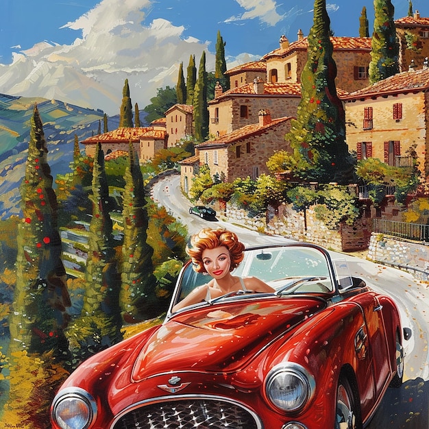 a red car and a beautiful lady driving on the road of italy