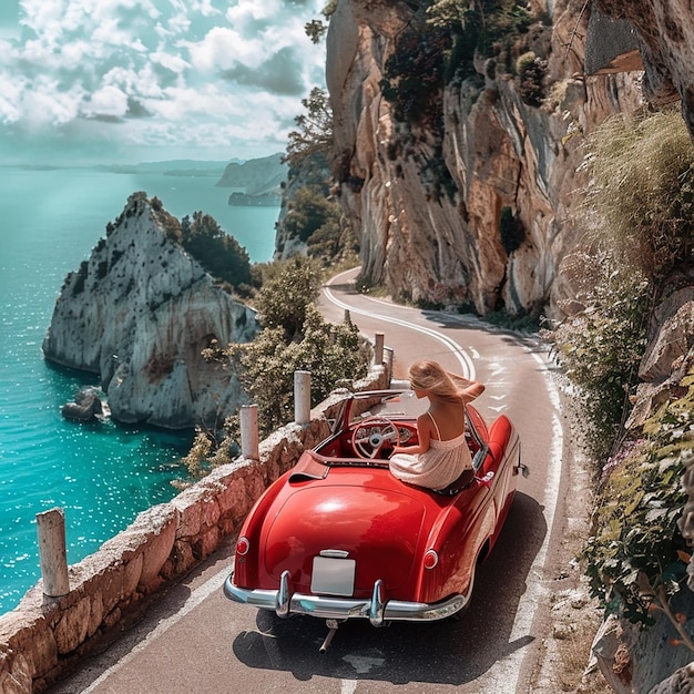 a red car and a beautiful lady driving on the road of italy