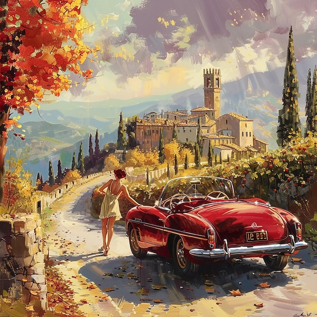 a red car and a beautiful lady driving on the road of italy