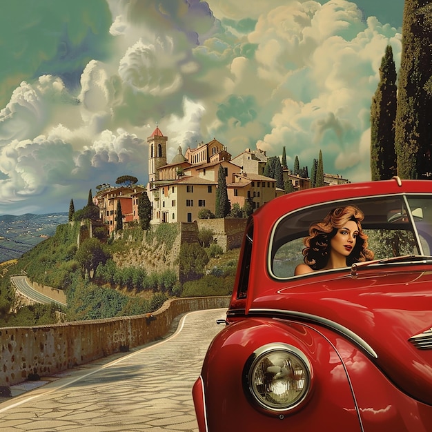 a red car and a beautiful lady driving on the road of italy