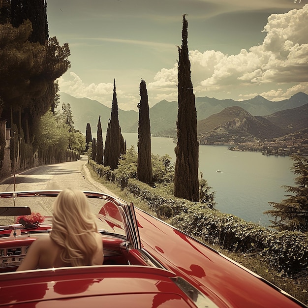 a red car and a beautiful lady driving on the road of italy