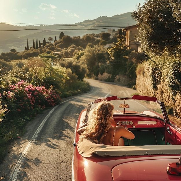 a red car and a beautiful lady driving on the road of italy