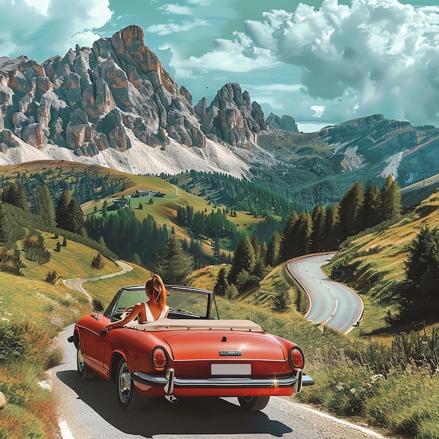 a red car and a beautiful lady driving on the road of italy