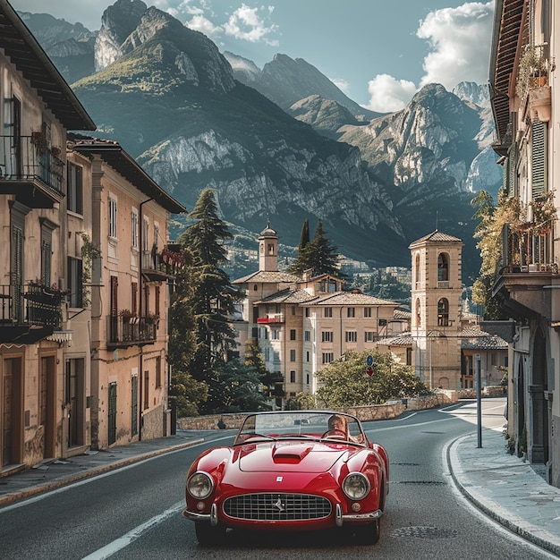 a red car and a beautiful lady driving on the road of italy