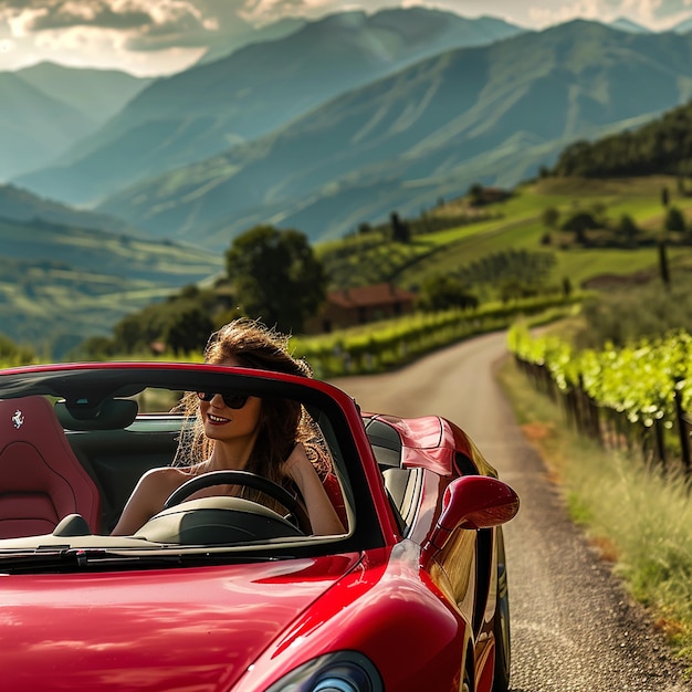 a red car and a beautiful lady driving on the road of italy