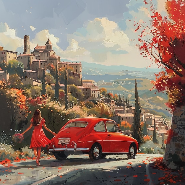 a red car and a beautiful lady driving on the road of italy