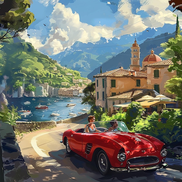 a red car and a beautiful lady driving on the road of italy