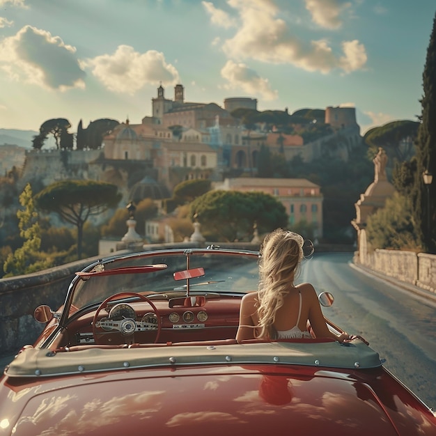 a red car and a beautiful lady driving on the road of italy