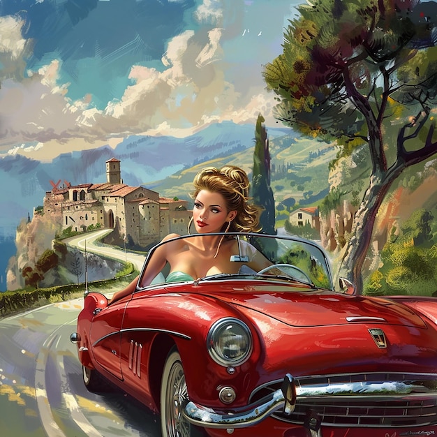 a red car and a beautiful lady driving on the road of italy