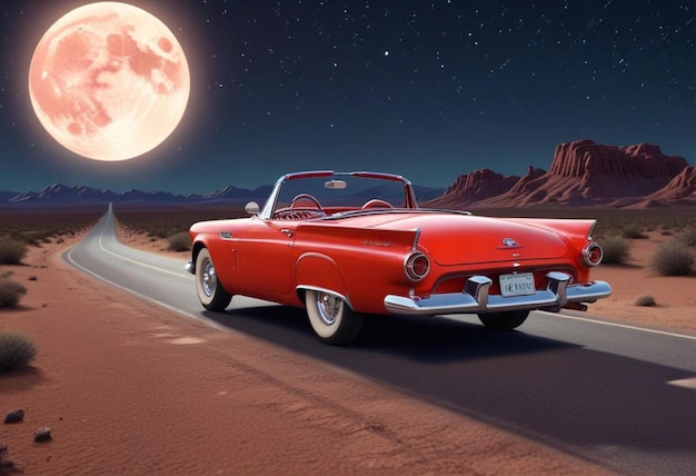 Red car on desert road at full moon night